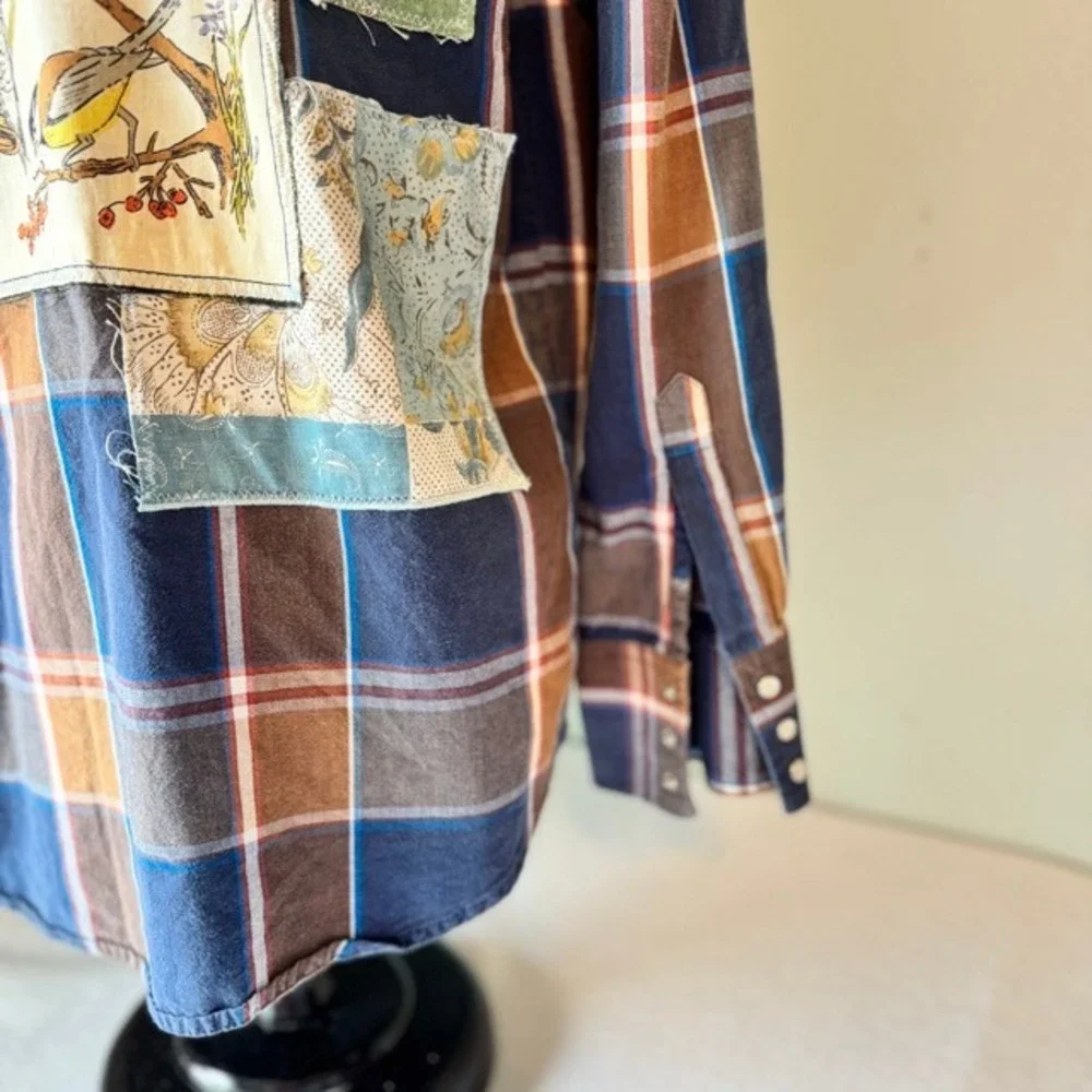 Upcycled Wrangler Custom Western Shirt Plaid Pearl Snap Bird Floral Blue Brown‎ - Picture 4 of 8